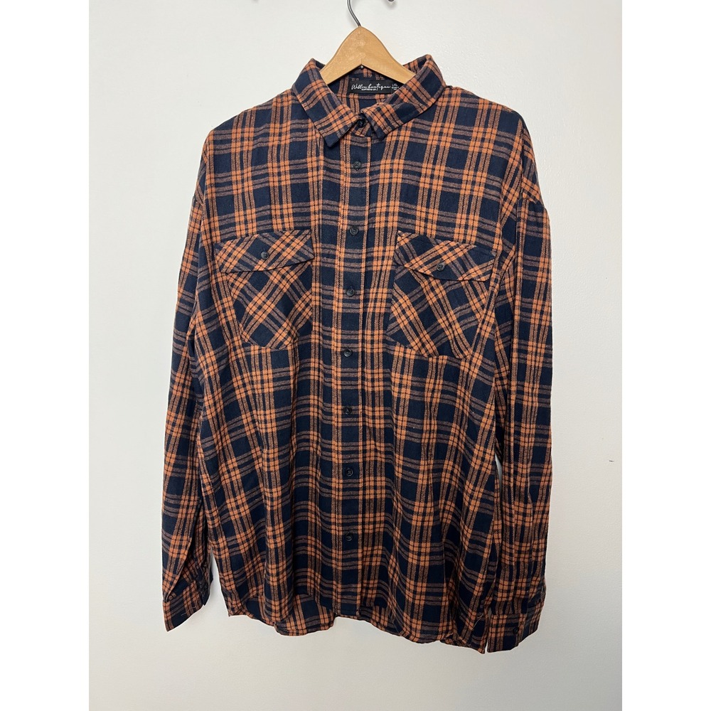 Willow Boutique Plaid Flannel Shirt Orange Navy Blue Long Sleeve L/XL NWT